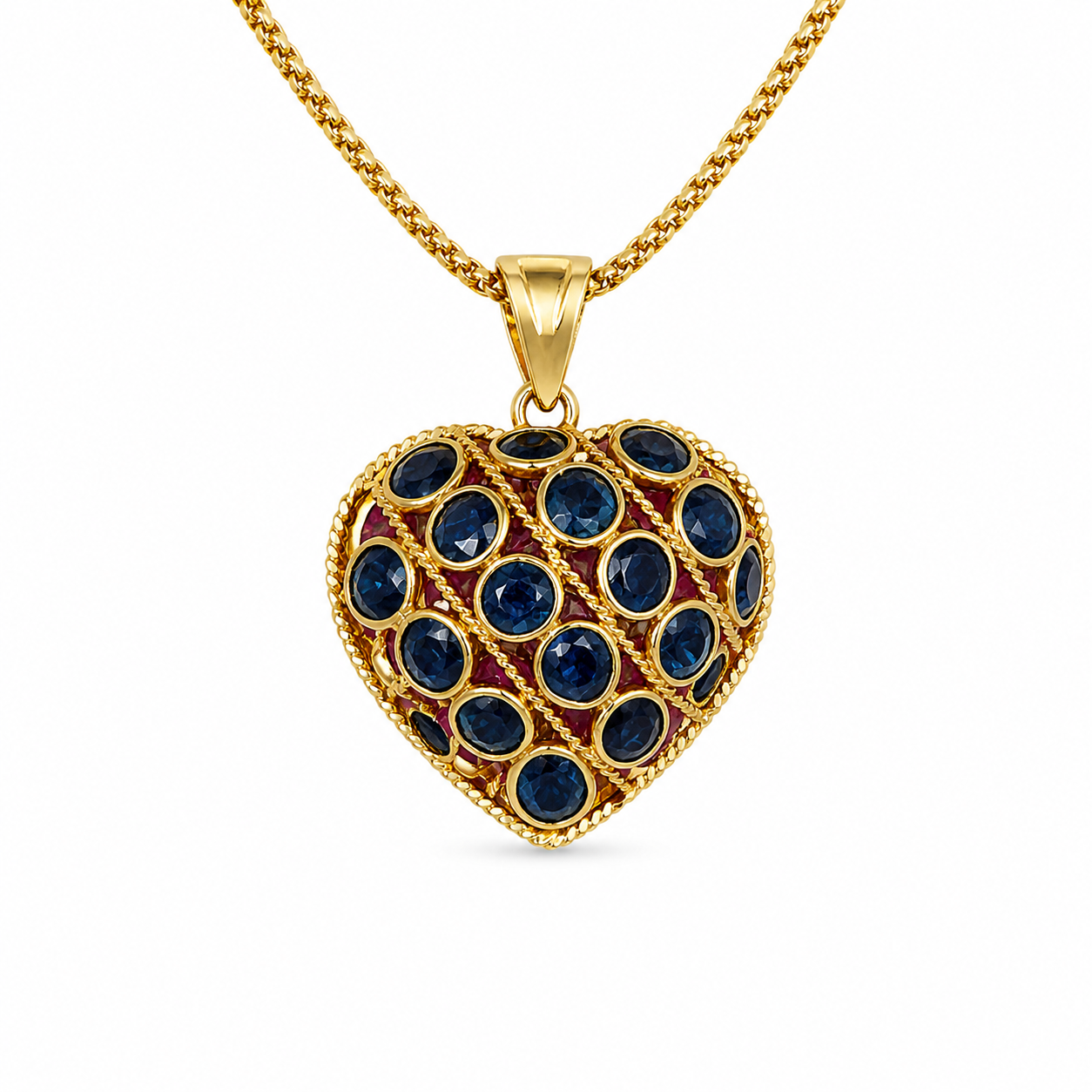 Ruby and Sapphire Puff Heart Pendant in 18K Yellow Gold