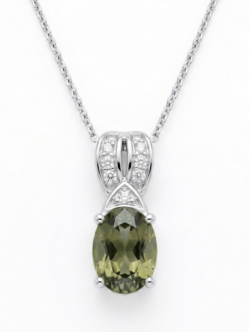 Oval-Cut Green Sapphire and Diamond Pendant in 14K White Gold