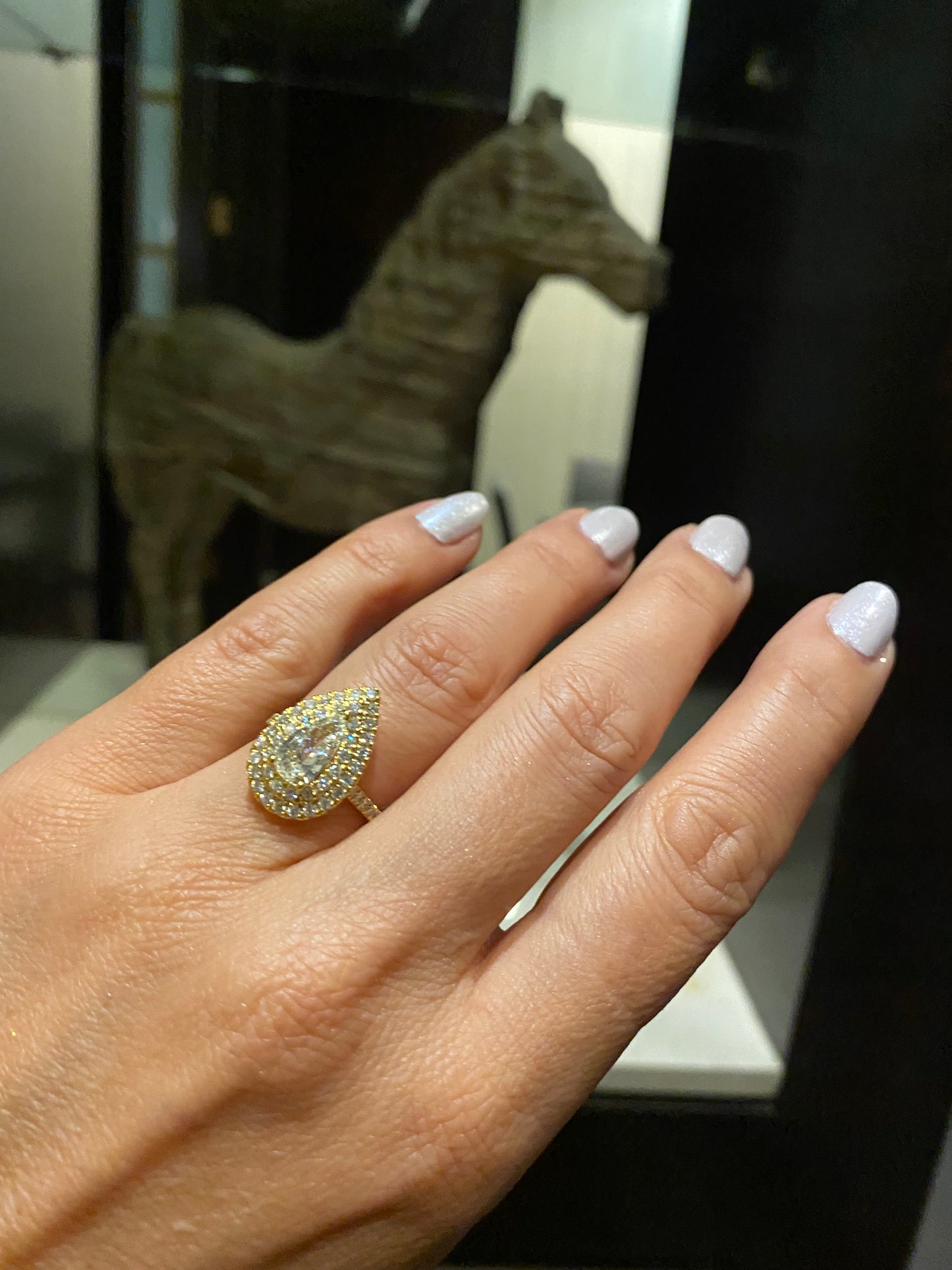 Pear Shaped Double Halo Diamond Engagement Ring in 14K Yellow Gold