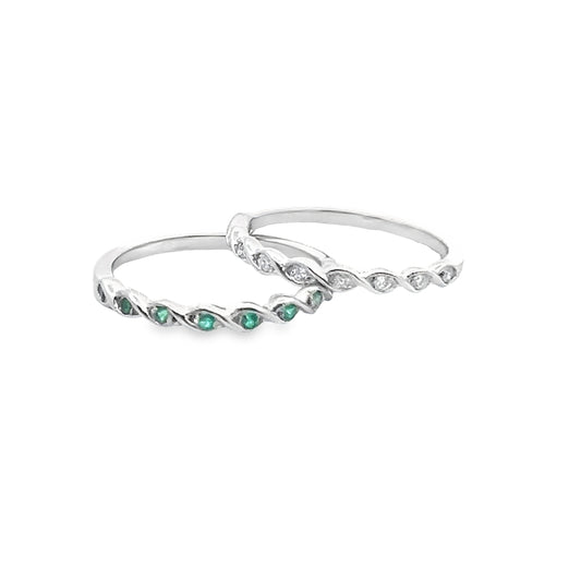 Twisted Scallop Set Emerald and Diamond Halfway Bands in 14K Gold