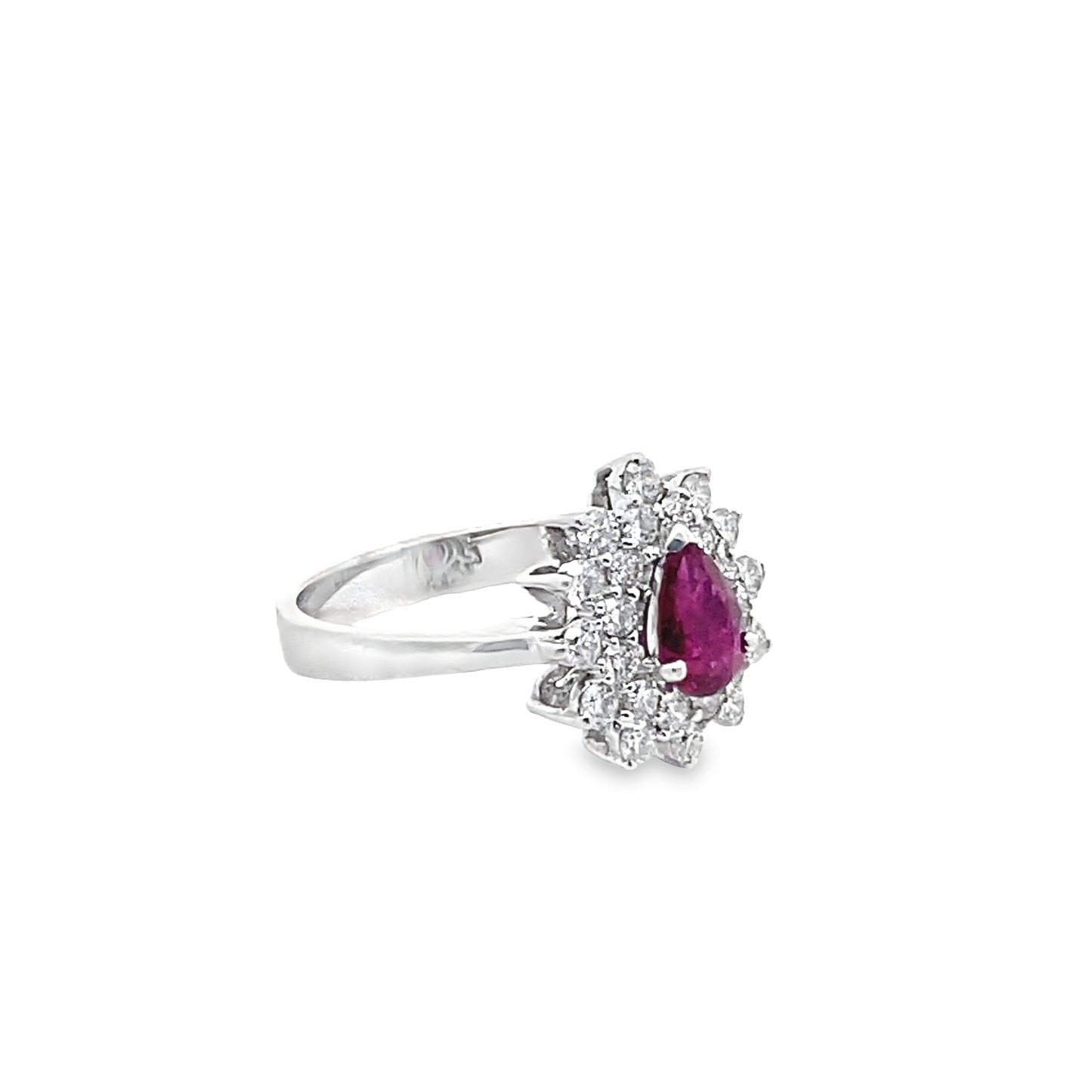 Pear-Cut Ruby Ring with Diamond Halo in 18K White Gold