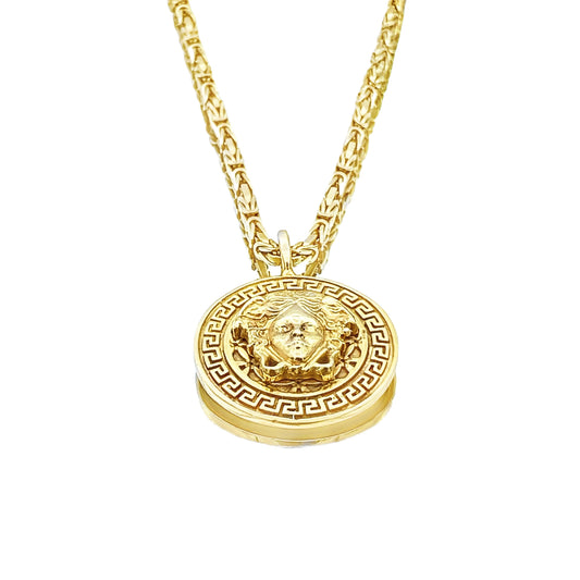 Versace Style Medusa Pendant Necklace with Byzantine Chain in 14K Yellow Gold