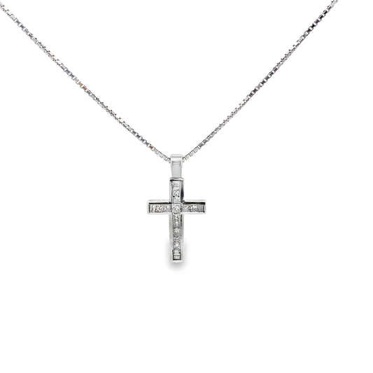 Deep Set Square Cut Diamond Cross Necklace in 14K White Gold