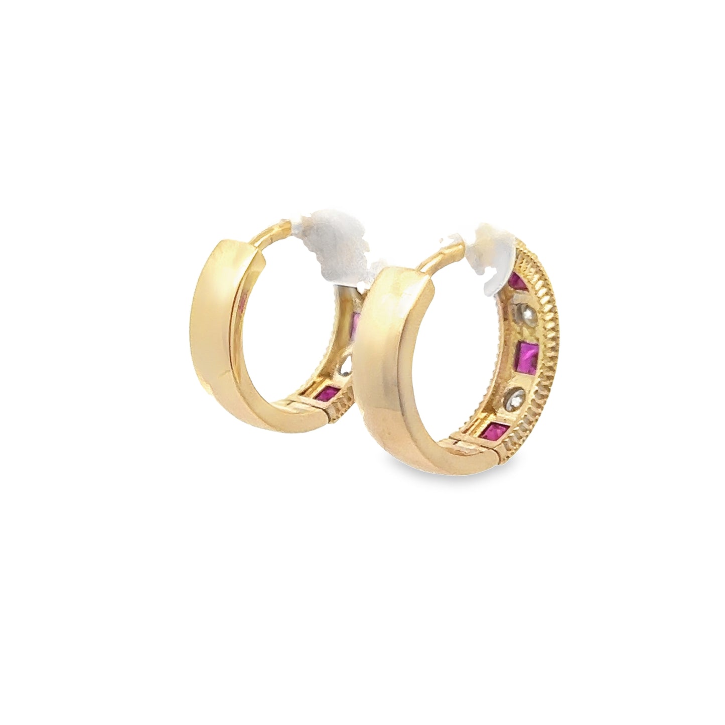 Princess & Round-Cut Ruby and Diamond Huggie Hoop Earrings in 14K Gold