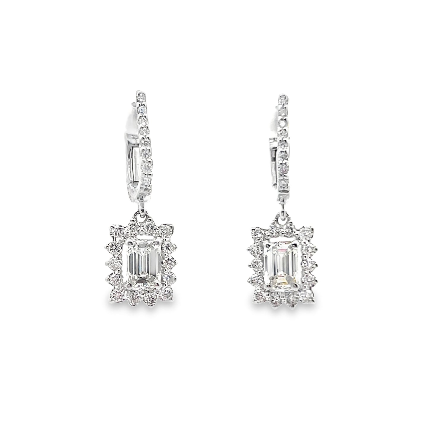 Emerald and Diamond Halo Dangle Earrings in 14K Gold