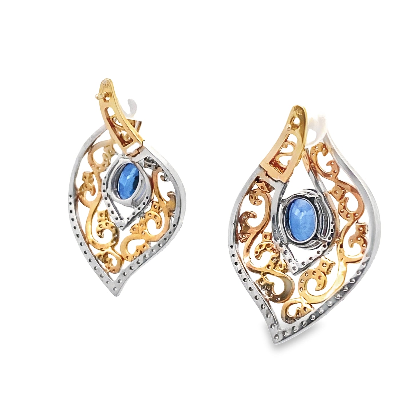 Two Tone Sapphire and Diamond Statement Earrings in 14K White and 14K Yellow Gold