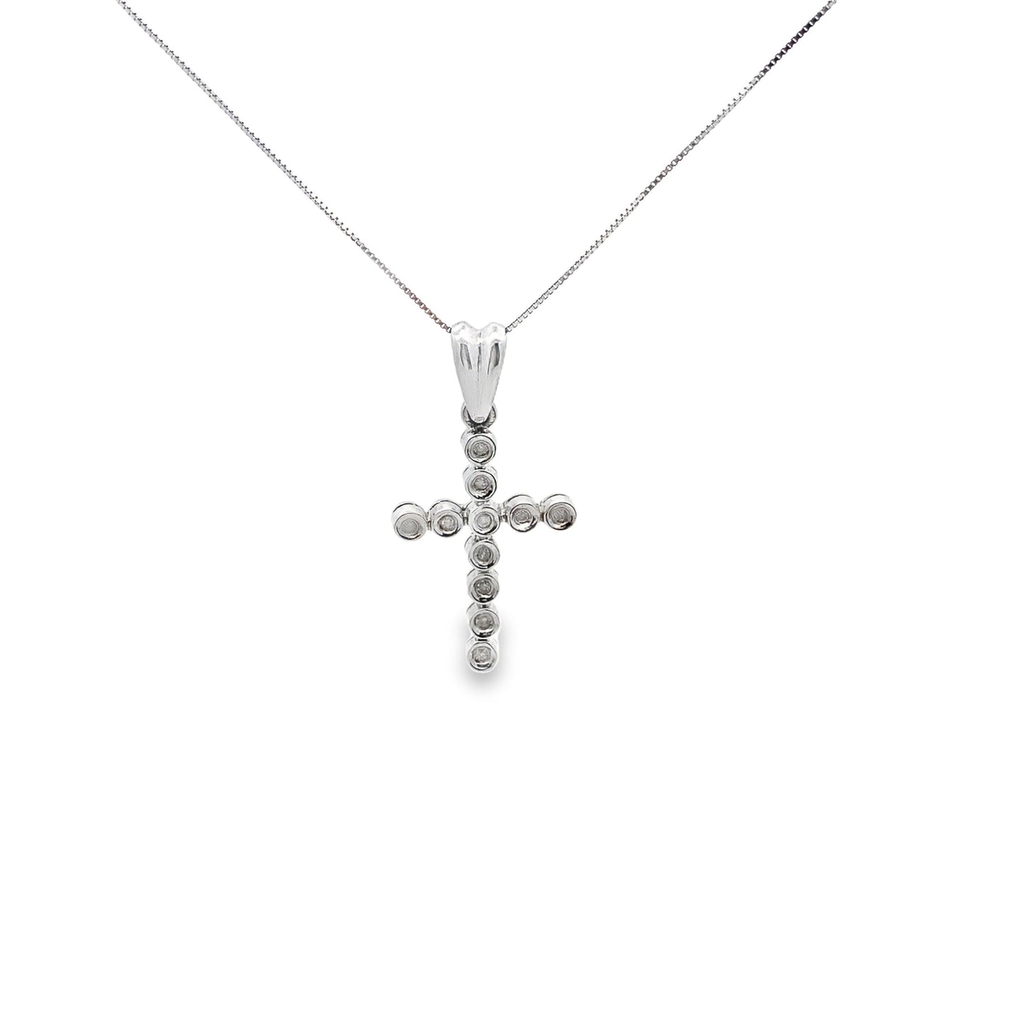 Round Cut Bezel Cross Necklace in 14K White Gold