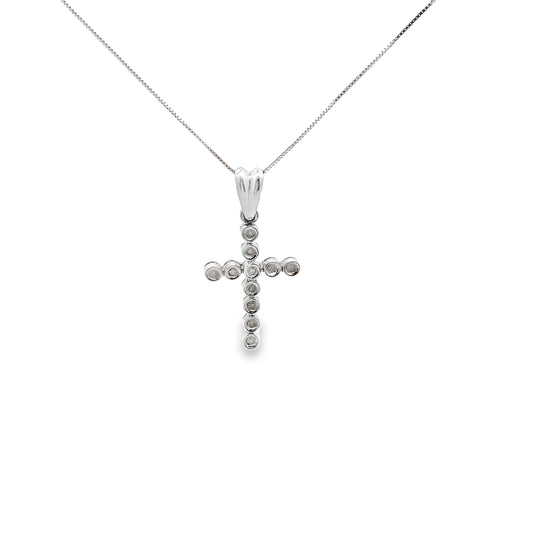 Round Cut Dotted Cross Necklace in 14K White Gold
