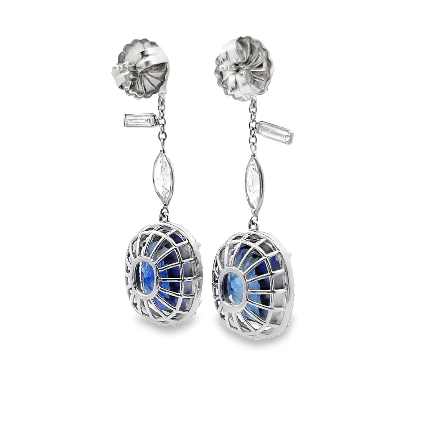 Blue Sapphire Dangle Earrings with Diamond Halo in 14K White Gold