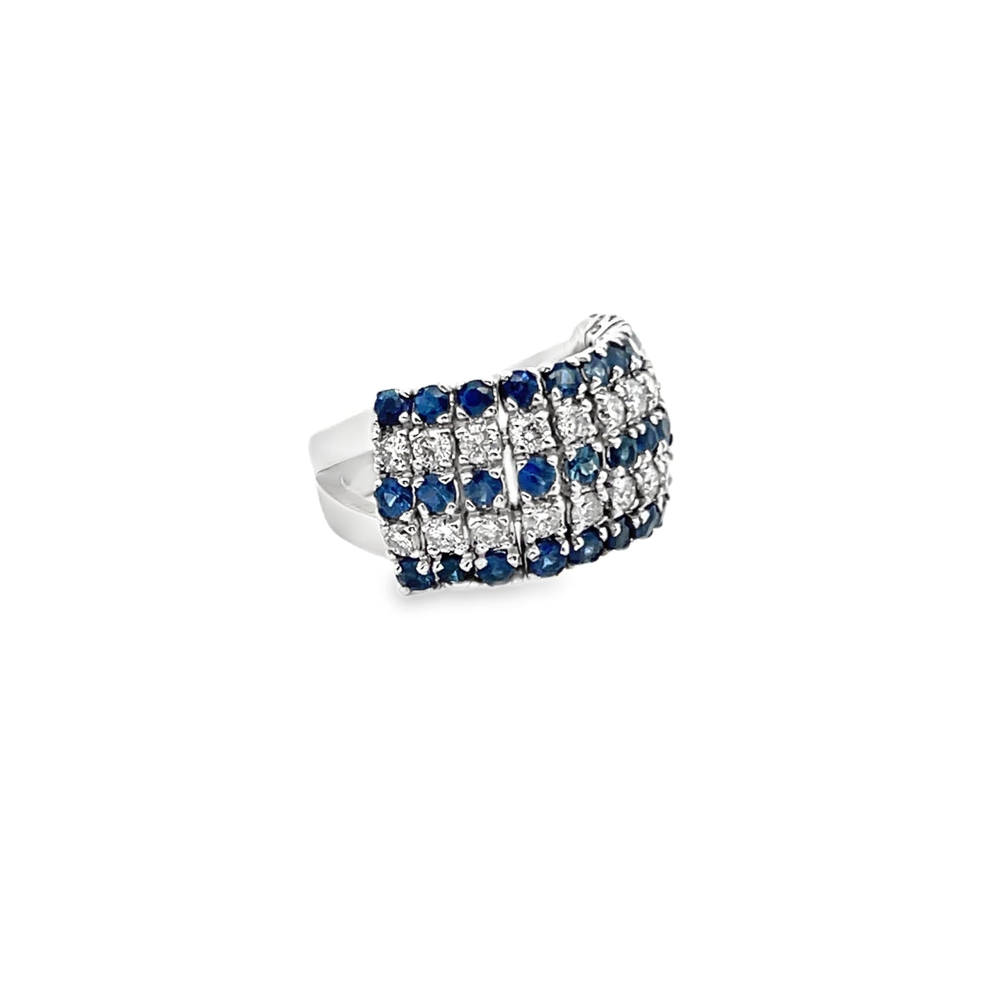 Multi-Row Round Cut Sapphire and Diamond Halfway Flexible Ring Band in 14K White Gold