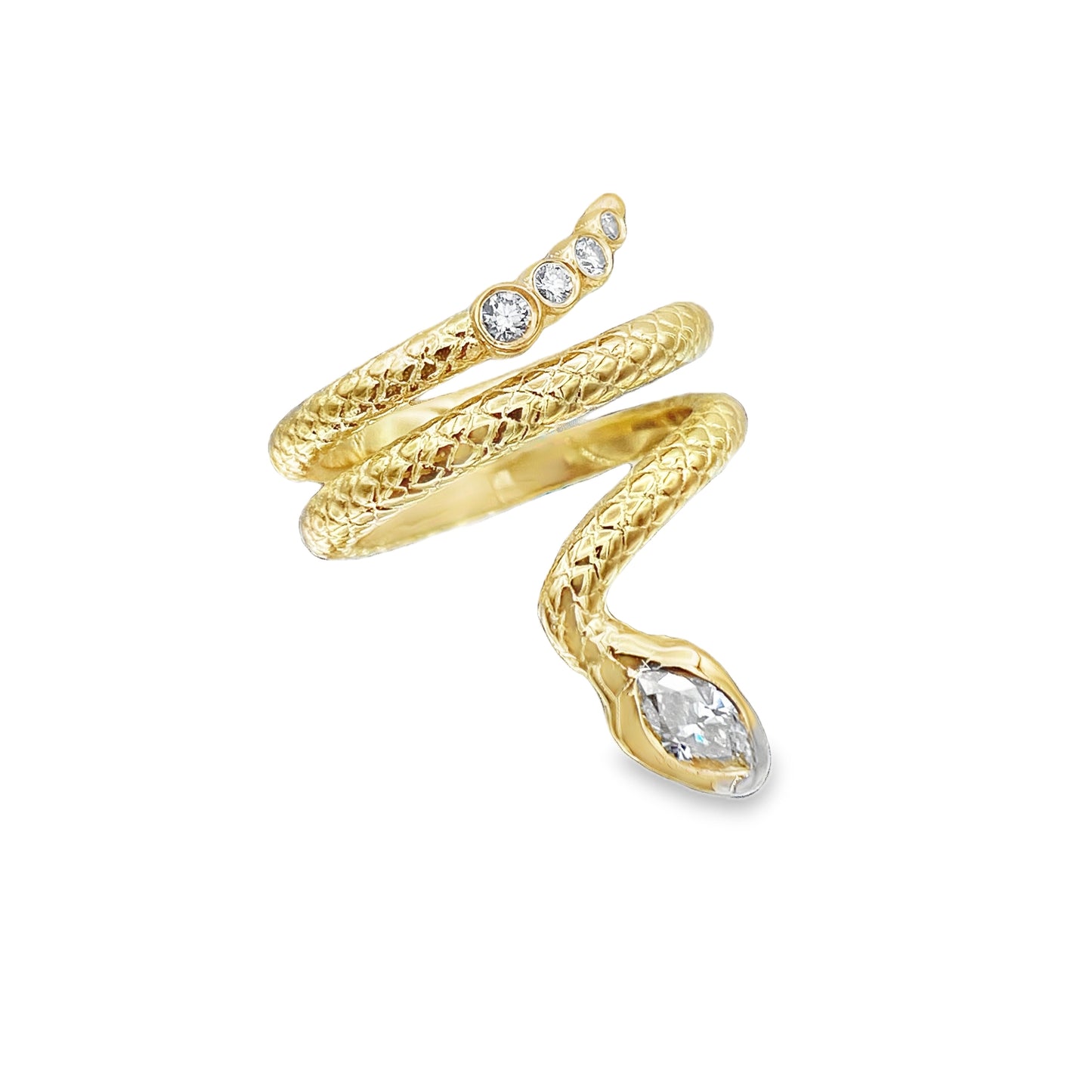 Snake Shape Ring with Marquis-Cut and Round-Cut Diamonds in 14K Yellow Gold