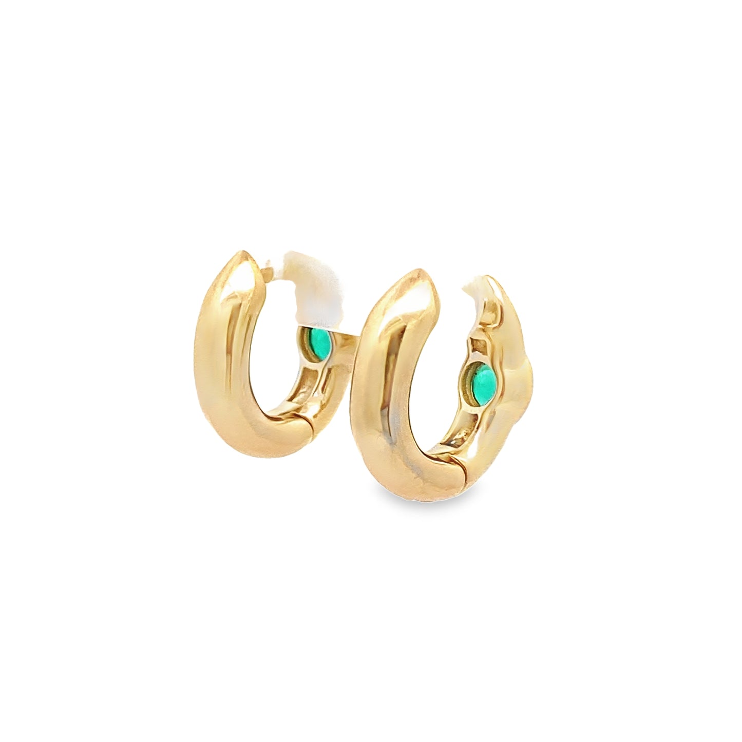 Chunky Emerald and Diamond Huggie Hoop Earrings in 14K Gold