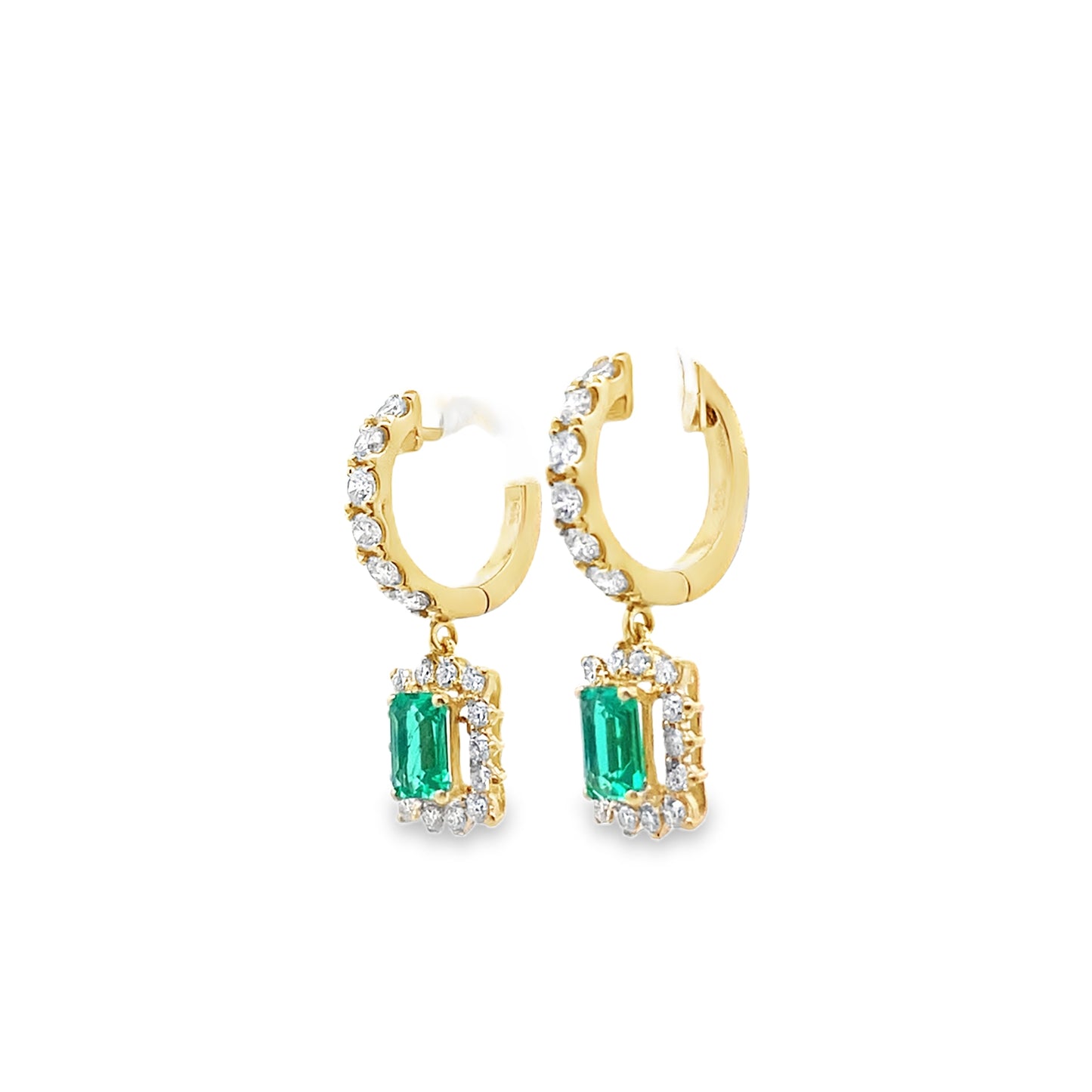 Emerald and Diamond Halo Hoop Drop Earrings in 14K Gold