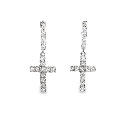 Cross Shape Diamond Drop Earrings in 14K Gold