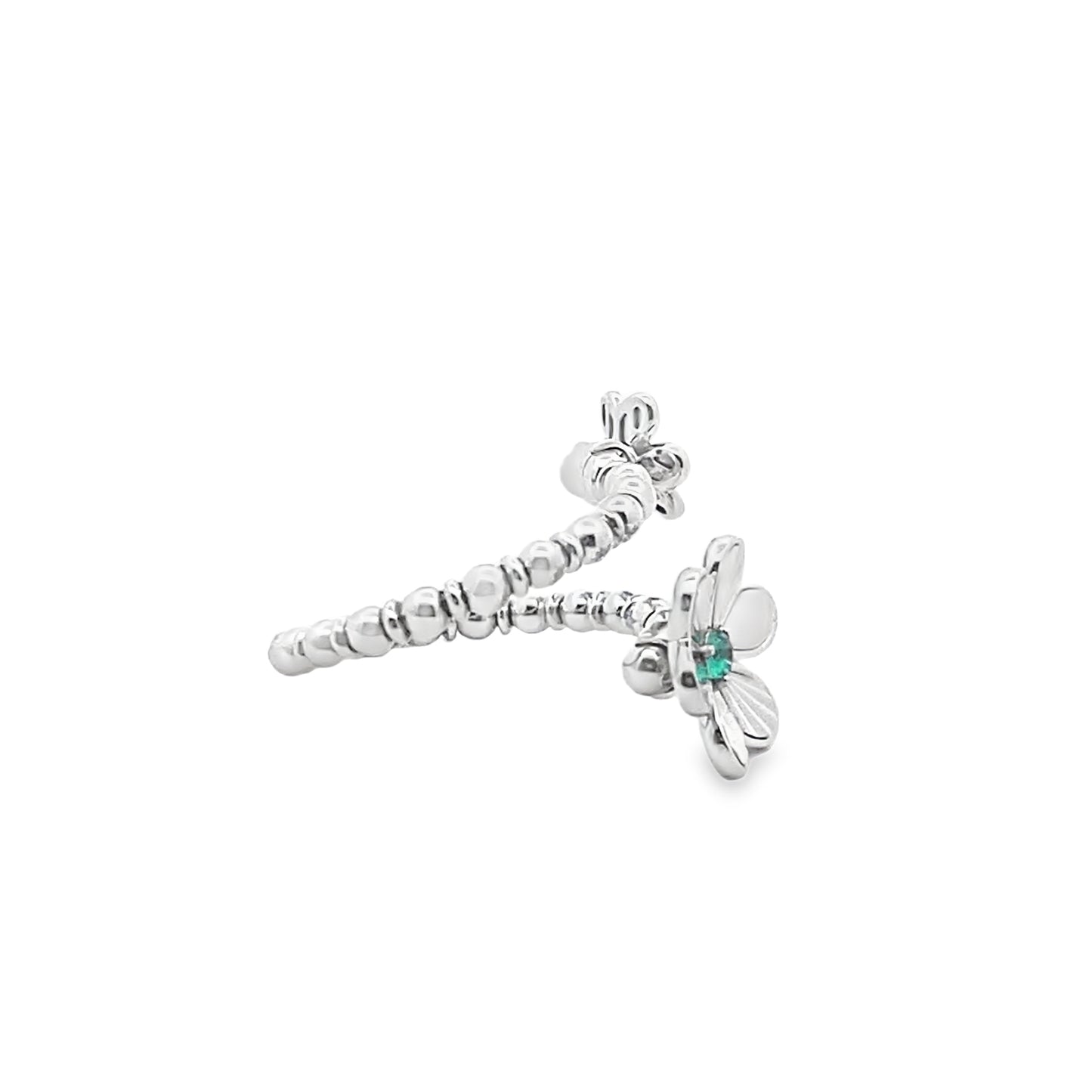 Beaded Double Flower Ring with an Emerald and Diamond Center in 14K White Gold