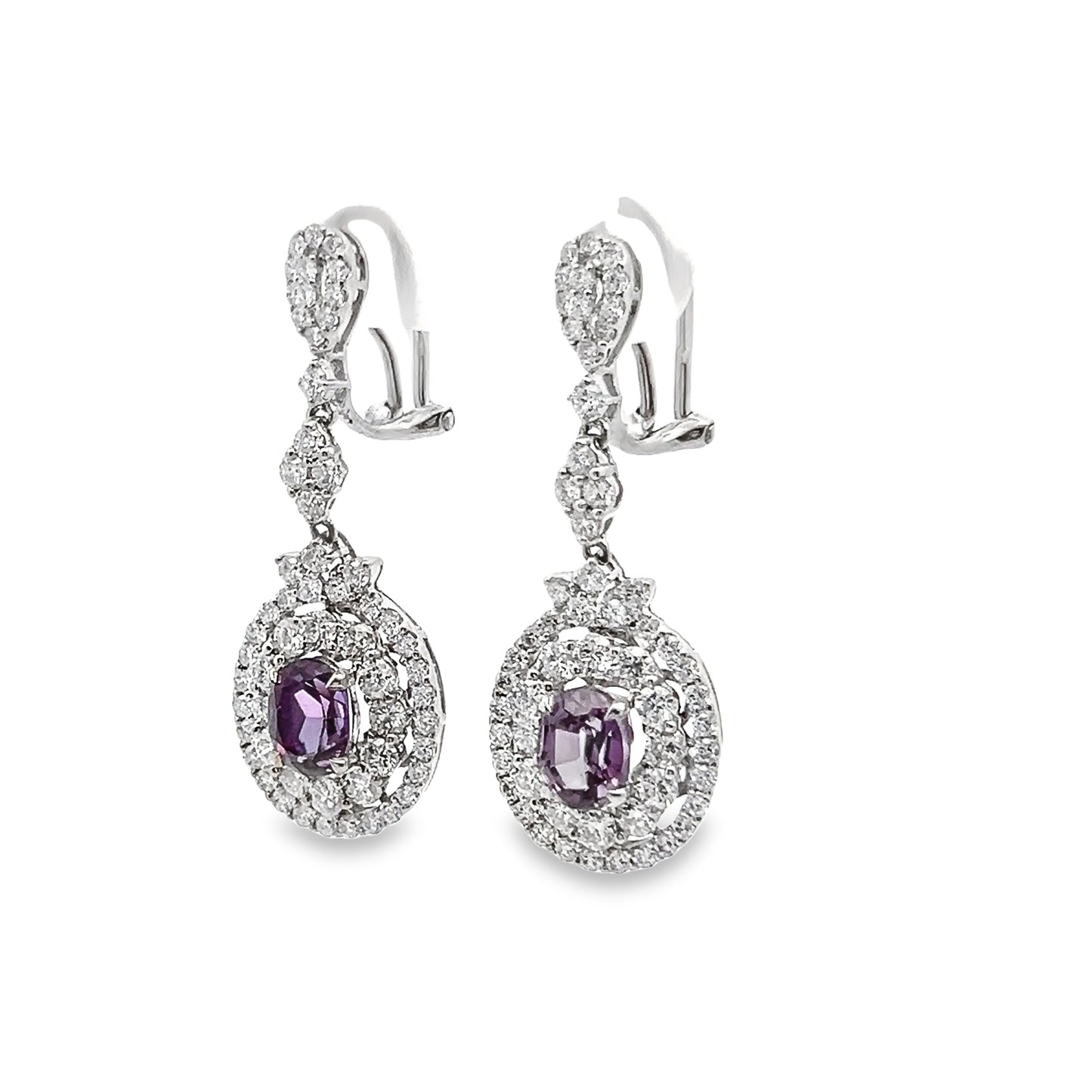Alexandrite Dangle Earrings with Double Diamond Halo in 18K White Gold