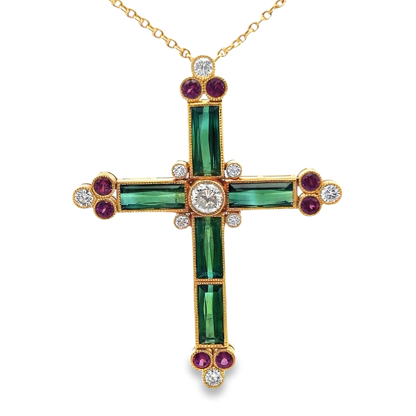 Statement Diamond and Green Tourmaline Cross Pendant Necklace in 18K Yellow Gold