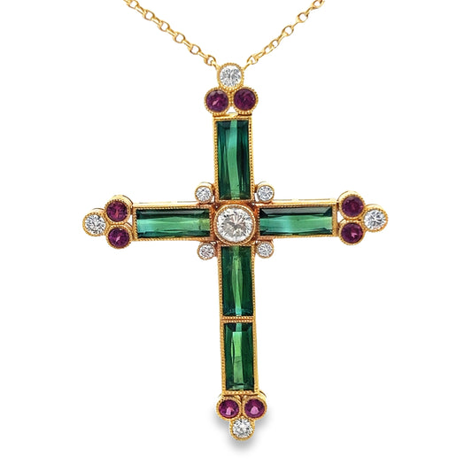 Statement Diamond and Green Tourmaline Cross Pendant Necklace in 18K Yellow Gold