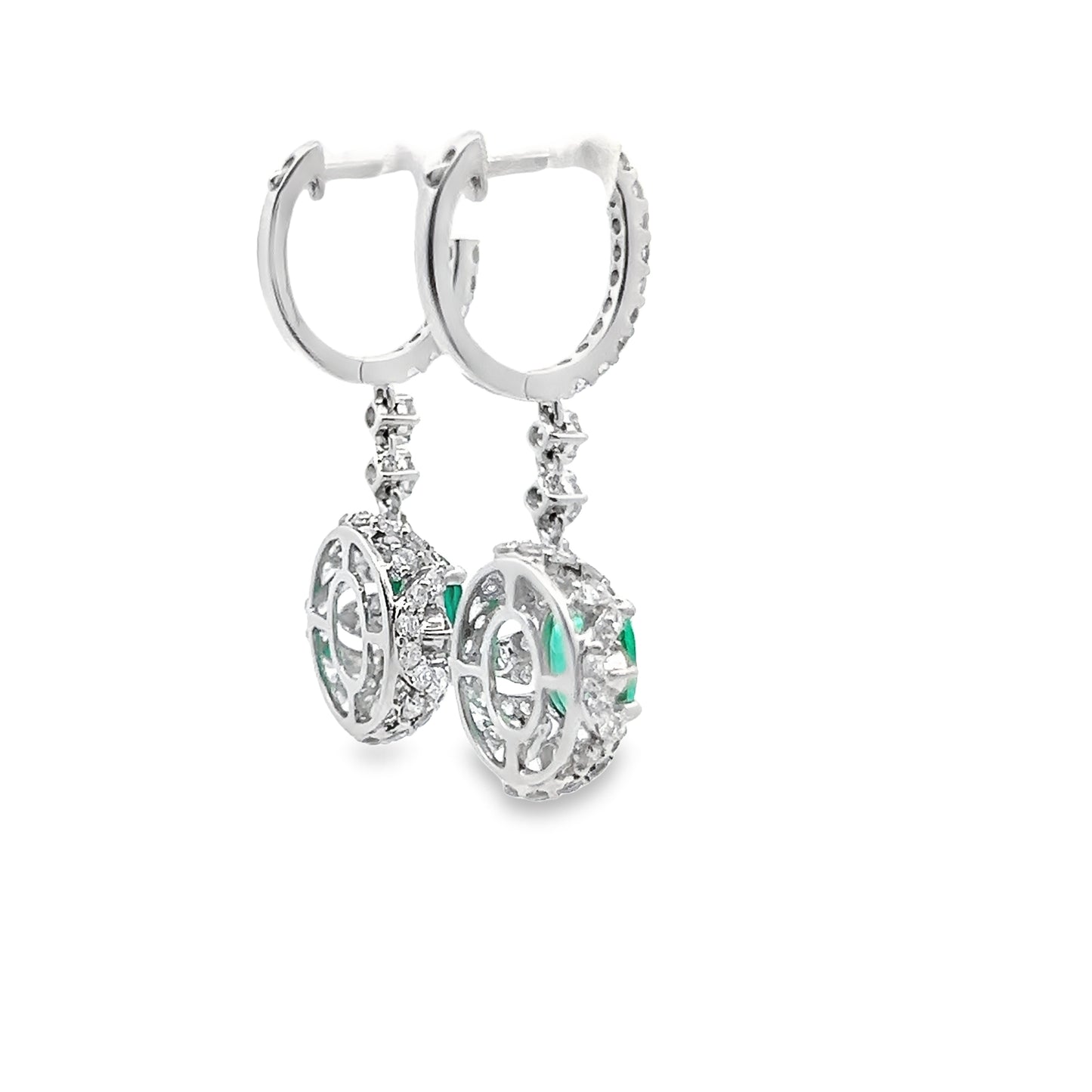 Emerald Lever back Dangle Earrings with Diamond in 18K White Gold