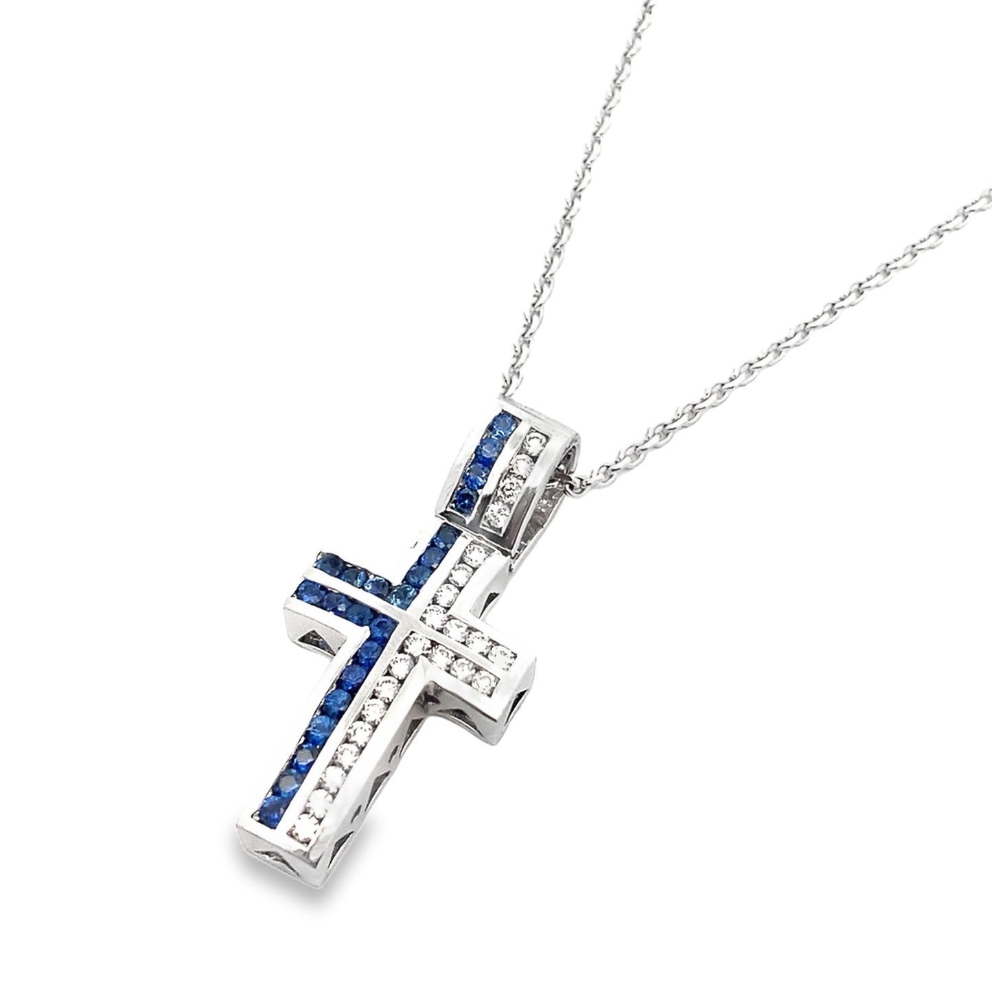 Sapphire and Diamond Cross Pendant Necklace in 14K White Gold