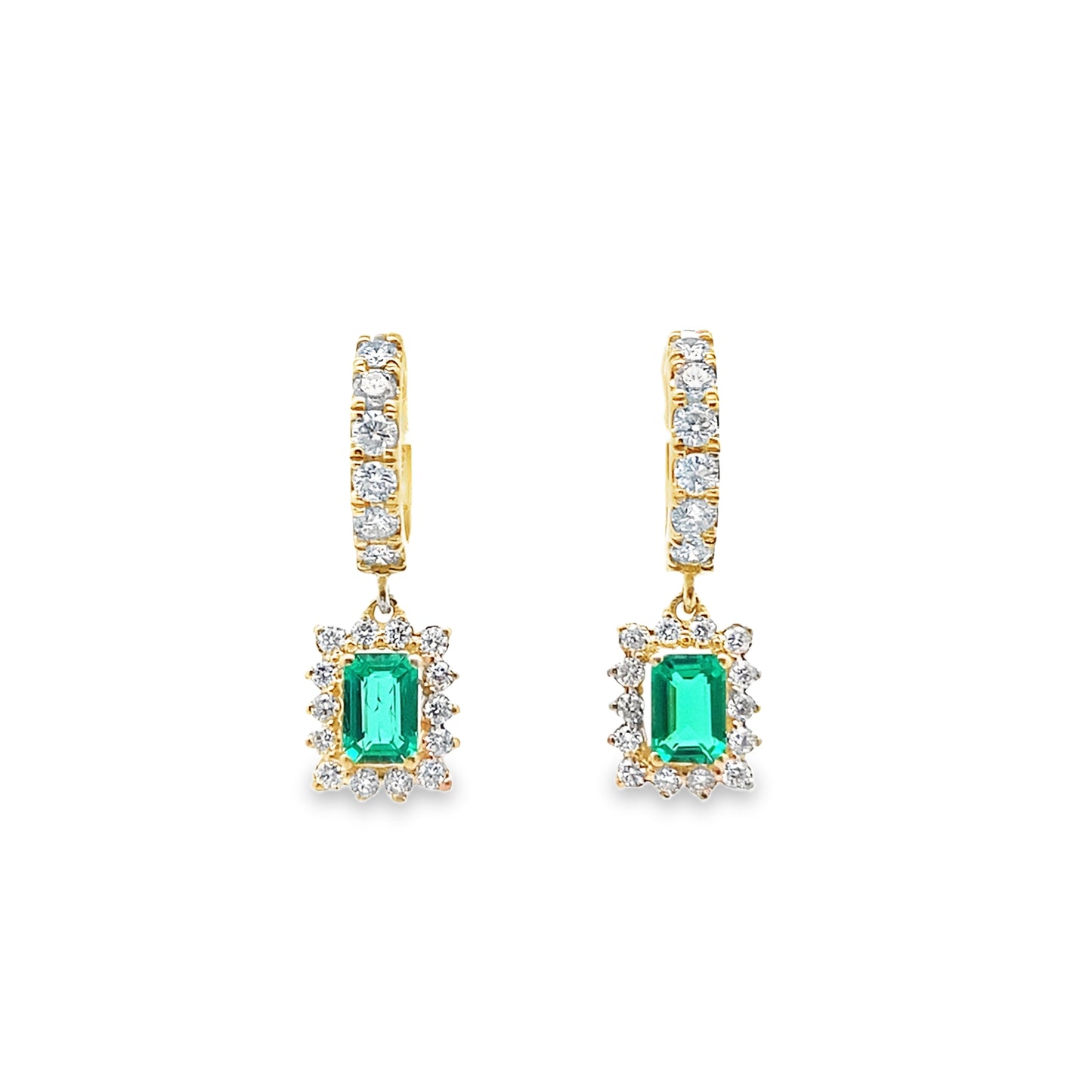 Emerald and Diamond Halo Hoop Drop Earrings in 14K Gold