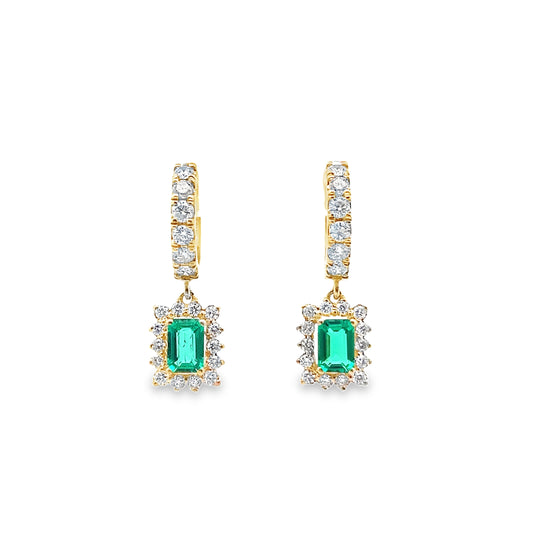 Emerald and Diamond Halo Hoop Drop Earrings in 14K Gold