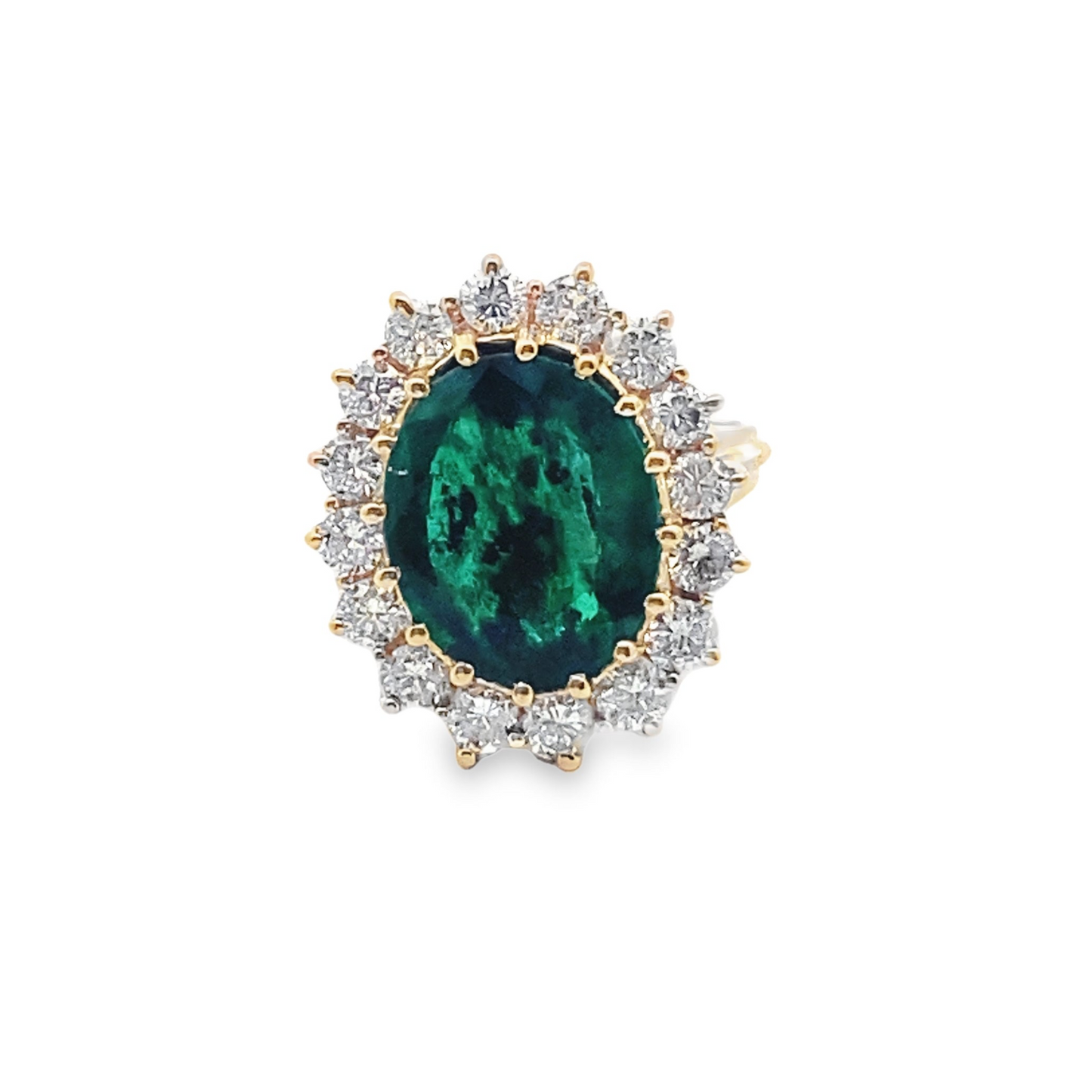 Emerald and Diamond Halo Ring in 14K Yellow Gold