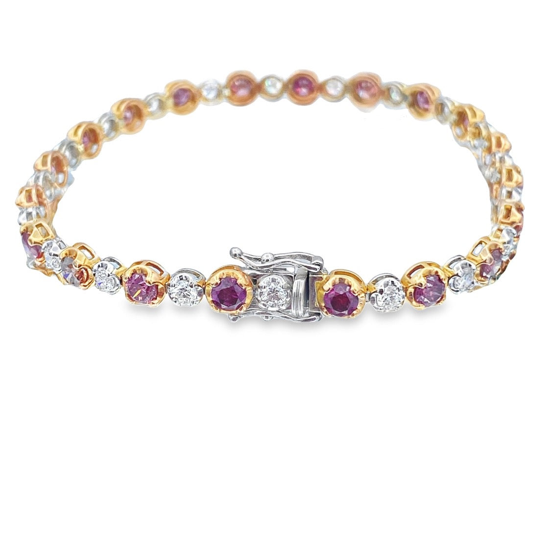 Alternating Pink Purple and White Diamonds in 14K Two Tone Rose Gold and White Gold Tennis Bracelet