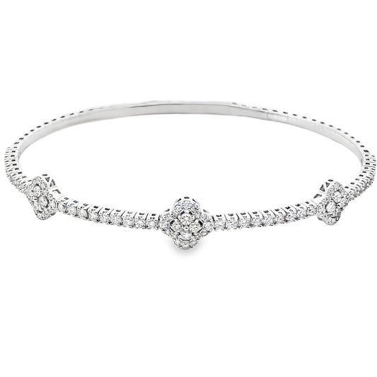 Three Leaf Diamond Flexible Bangle Bracelet in 14K White Gold