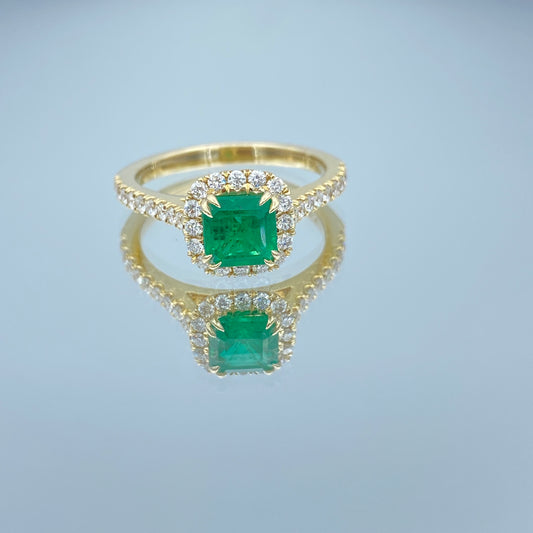 Halo Emerald and Diamond Ring in 14K Yellow gold - L and L Jewelry