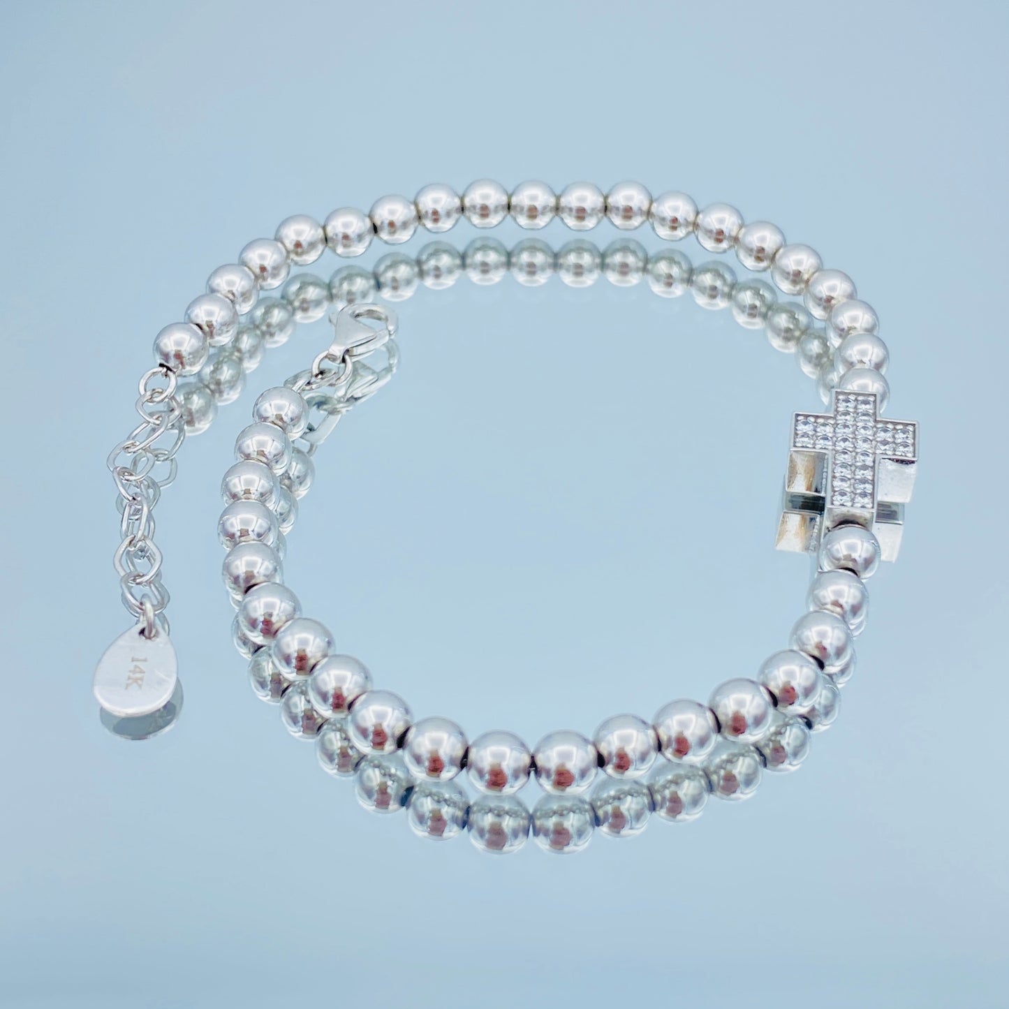 Bead Bracelet with Diamond Cross in 14K White Gold - L and L Jewelry