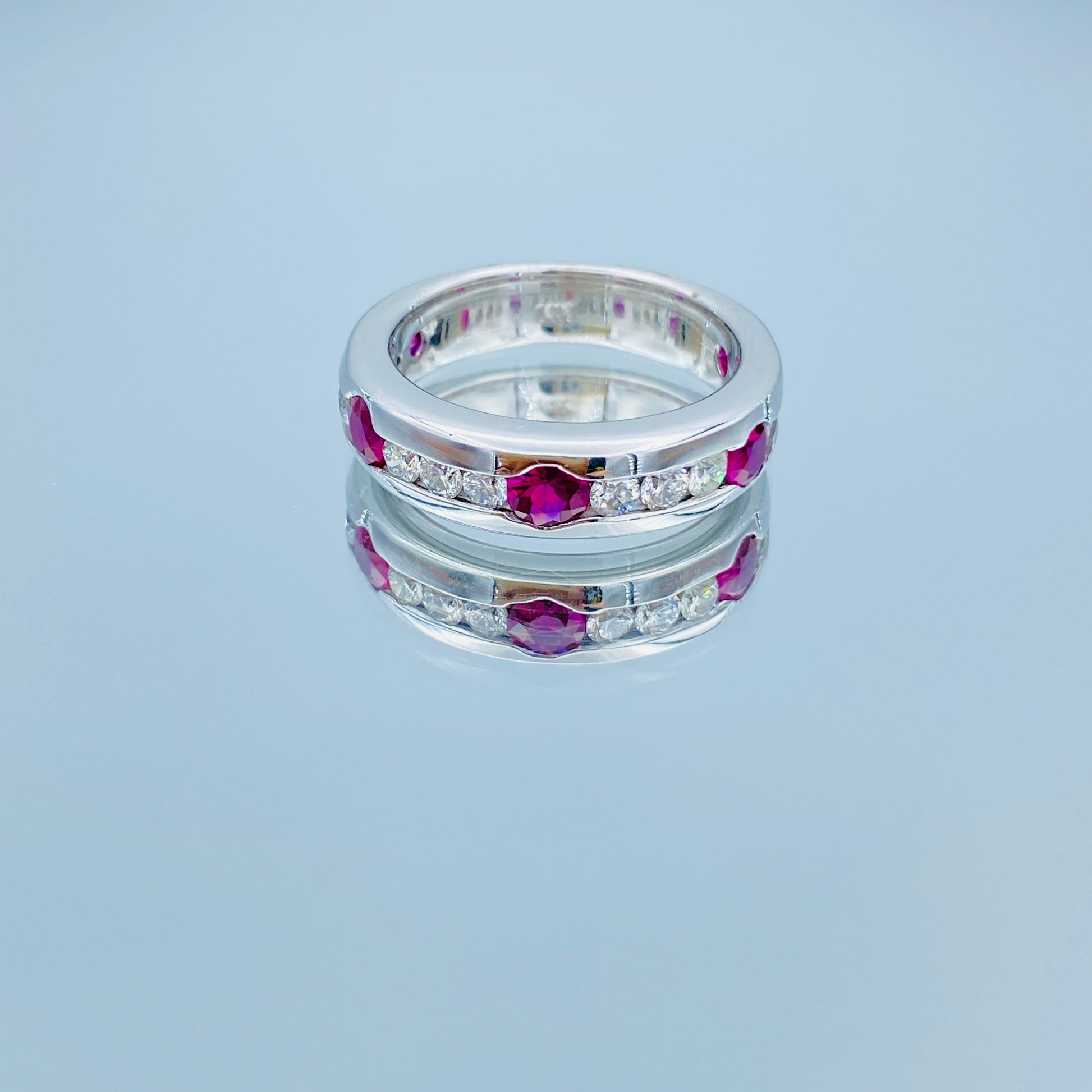 Channel Set Alternating Round-Cut Ruby and Diamond band Ring in 14K White Gold - L and L Jewelry