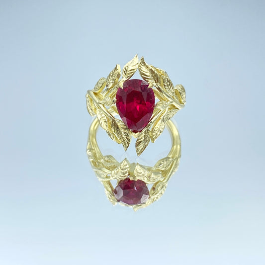 Floral Design Pear Shape Ruby Ring in 18K Yellow Gold - L and L Jewelry