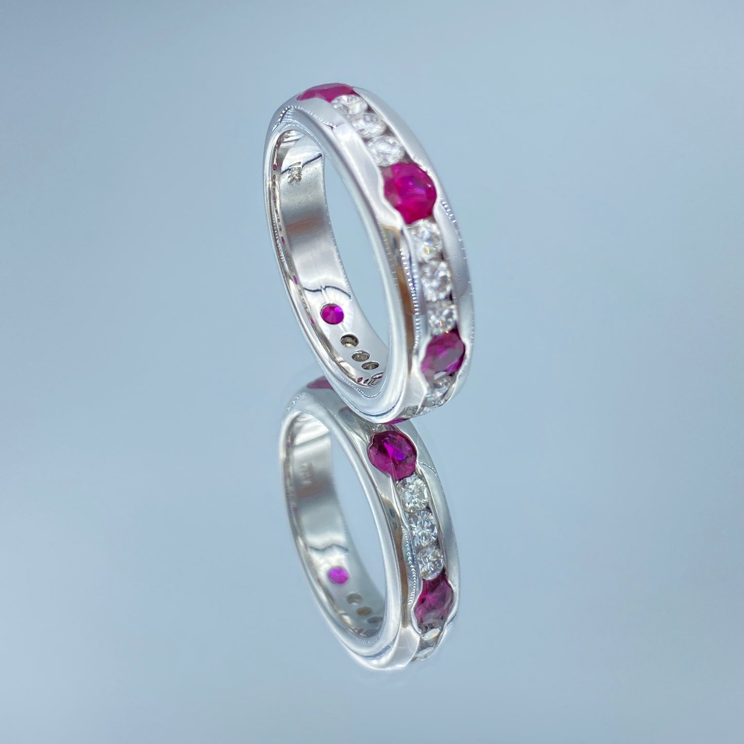 Channel Set Alternating Round-Cut Ruby and Diamond band Ring in 14K White Gold - L and L Jewelry
