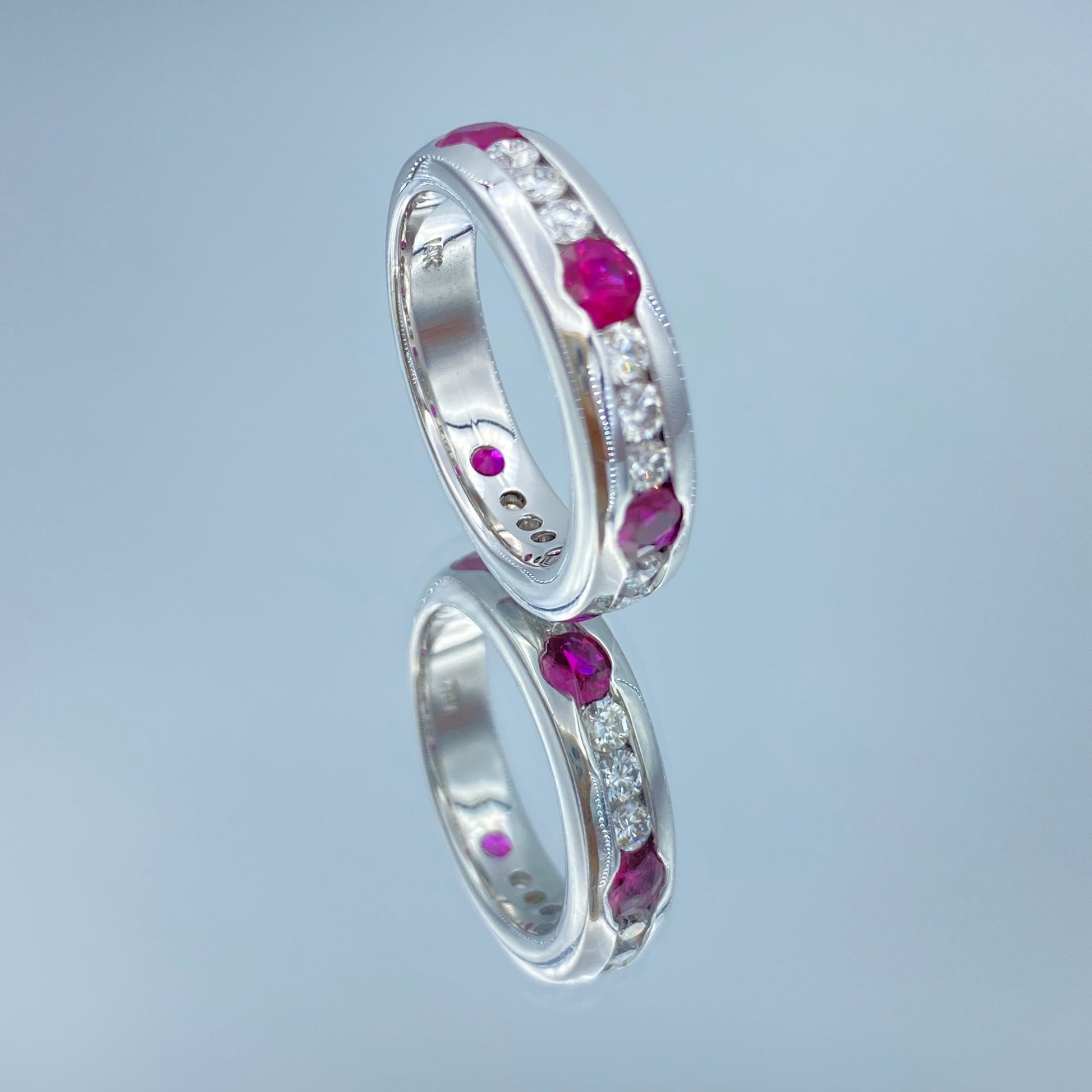 Channel Set Alternating Round-Cut Ruby and Diamond band Ring in 14K White Gold - L and L Jewelry