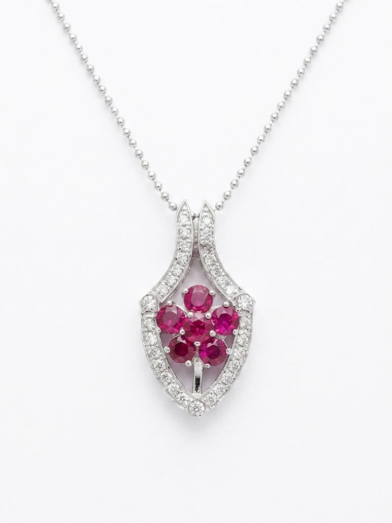 Ruby and Diamond Floral Pendant in 14K White Gold
