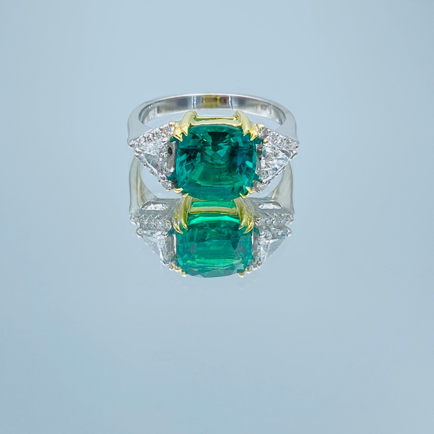 Cushion-Cut Emerald andTrillion-Cut Diamond Ring in 14K White Gold and 18K Yellow Gold - L and L Jewelry