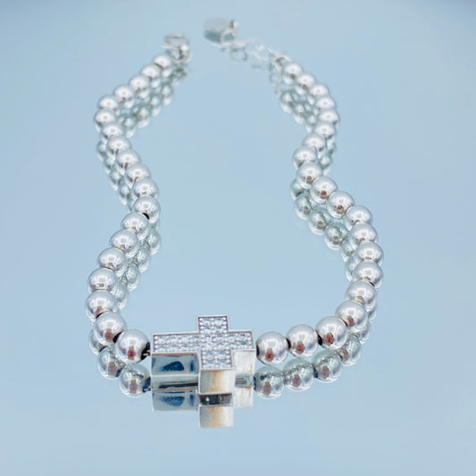 Bead Bracelet with Diamond Cross in 14K White Gold - L and L Jewelry