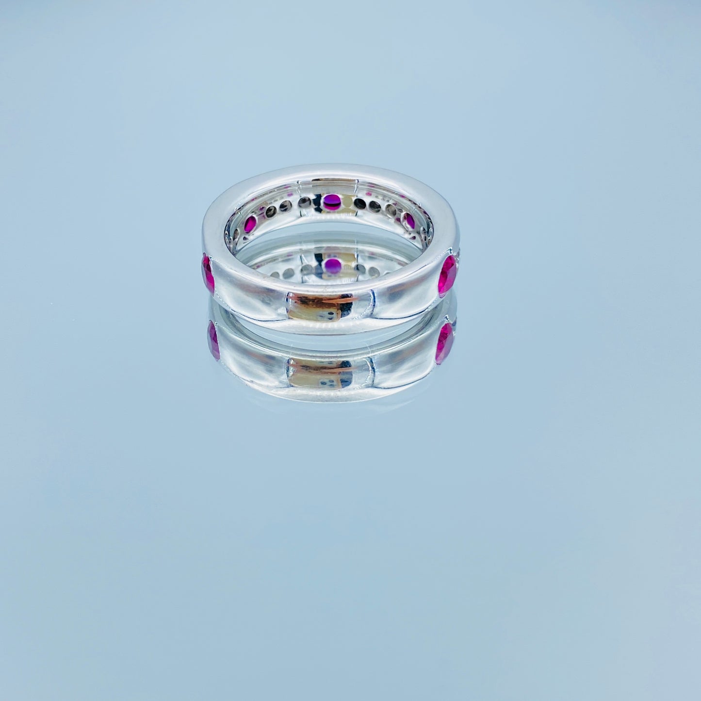 Channel Set Alternating Round-Cut Ruby and Diamond band Ring in 14K White Gold - L and L Jewelry