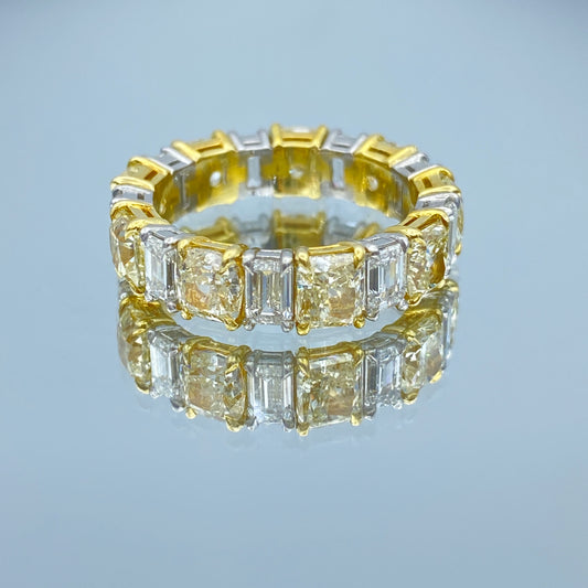 Cushion-Cut Canary Yellow Diamond and Emerald-Cut White Diamond Eternity Ring in Platinum and 18K Yellow Gold - L and L Jewelry
