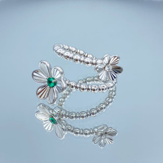 Beaded Double Flower Ring with an Emerald and Diamond Center in 14K White Gold - L and L Jewelry