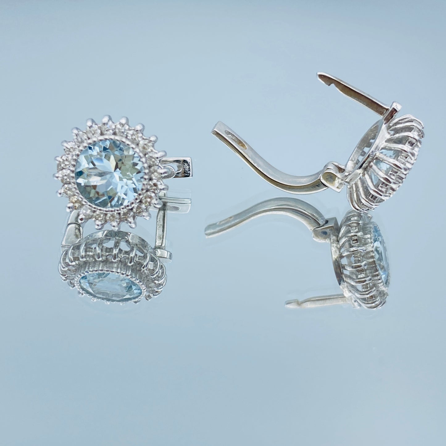 Halo Round Brilliant Aquamarine and Diamond Earrings in 14K White Gold - L and L Jewelry