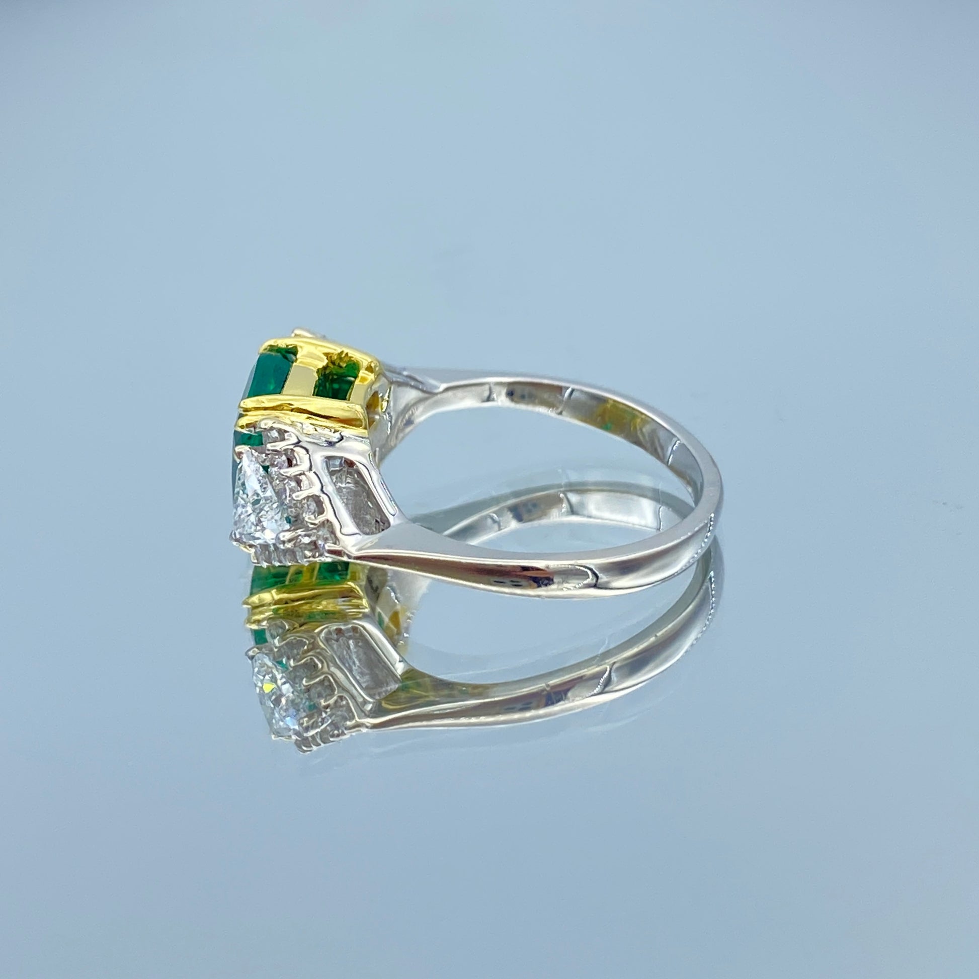 Cushion-Cut Emerald andTrillion-Cut Diamond Ring in 14K White Gold and 18K Yellow Gold - L and L Jewelry