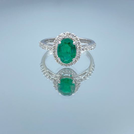 Halo Green Emerald and Diamond Ring in 18K White Gold - L and L Jewelry
