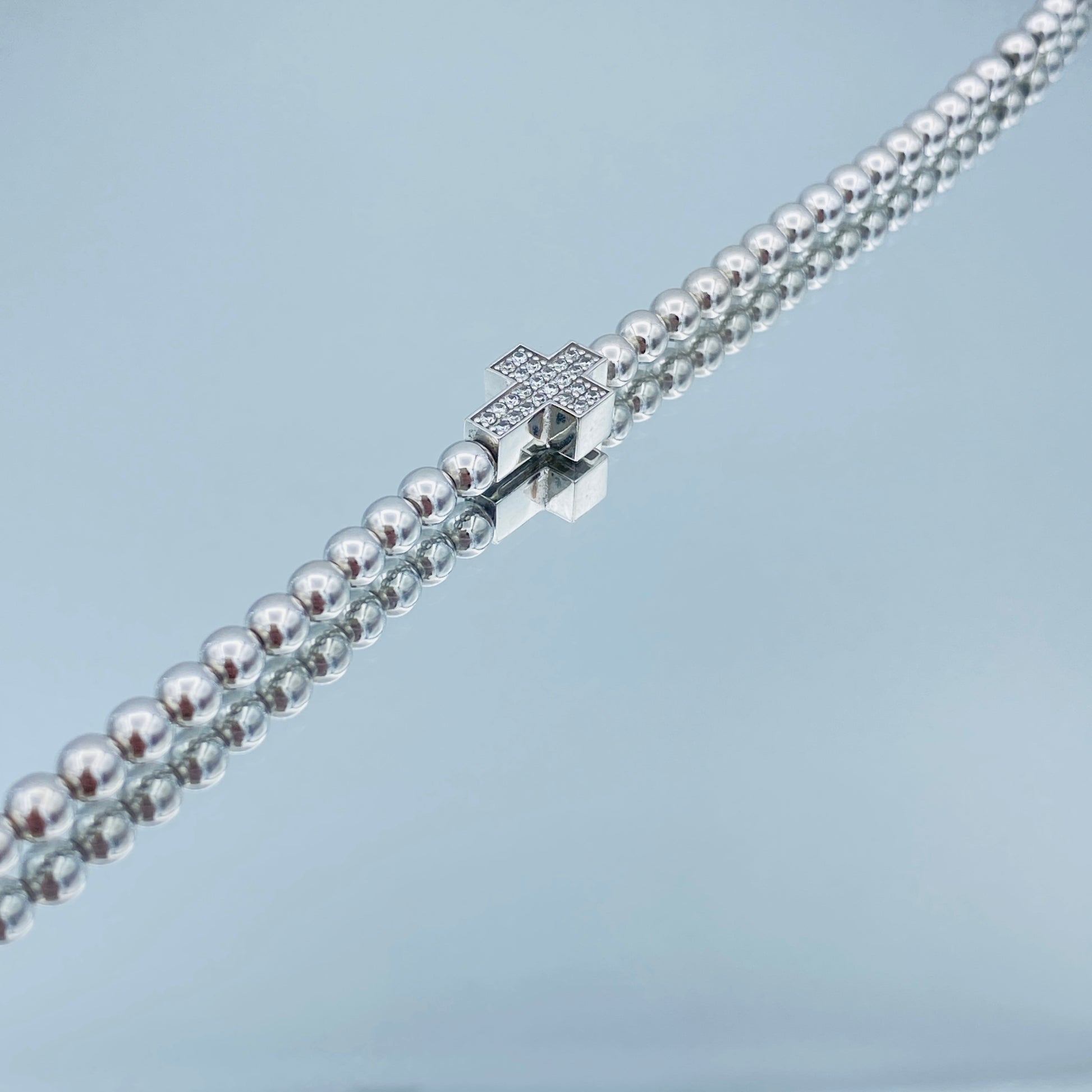 Bead Bracelet with Diamond Cross in 14K White Gold - L and L Jewelry