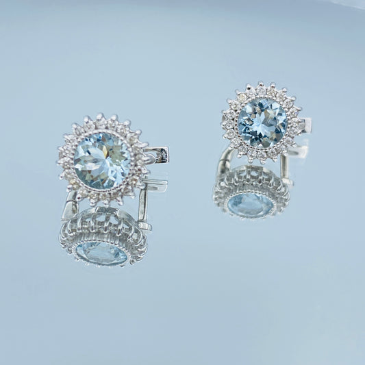 Halo Round Brilliant Aquamarine and Diamond Earrings in 14K White Gold - L and L Jewelry
