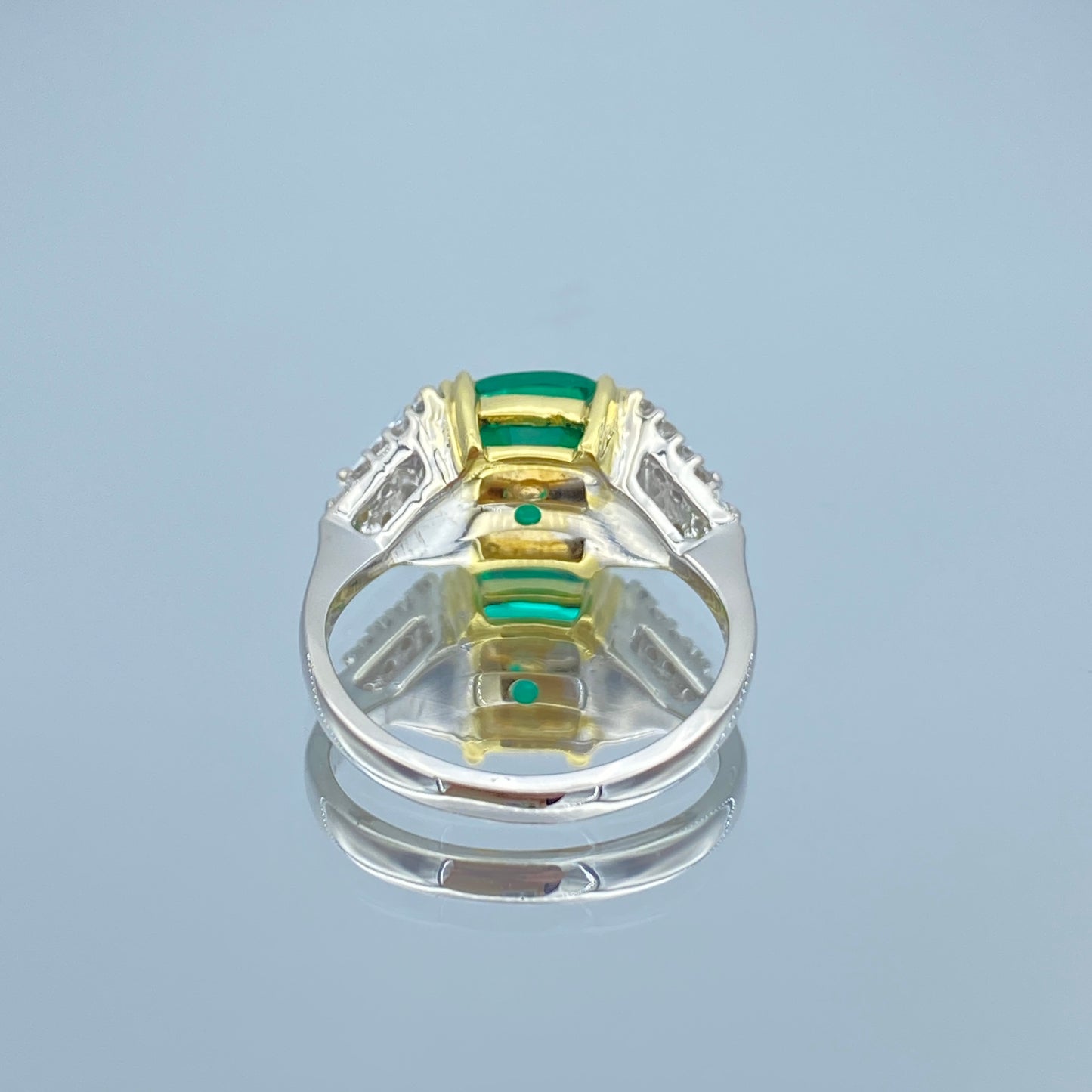 Cushion-Cut Emerald andTrillion-Cut Diamond Ring in 14K White Gold and 18K Yellow Gold - L and L Jewelry