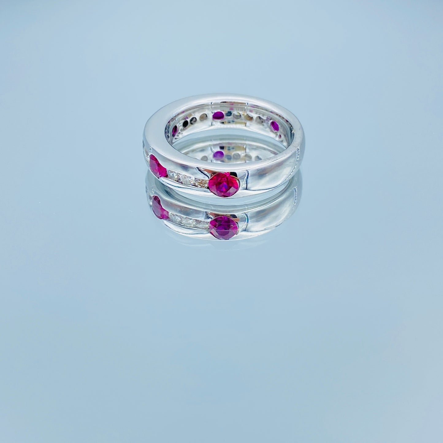 Channel Set Alternating Round-Cut Ruby and Diamond band Ring in 14K White Gold - L and L Jewelry