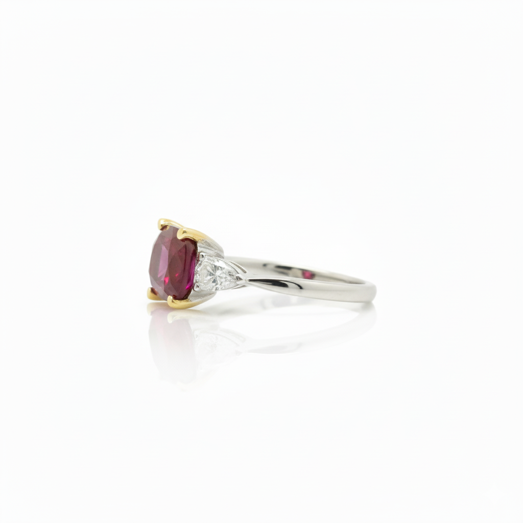 East West Cushion Cut Ruby and Diamond Two Tone Ring