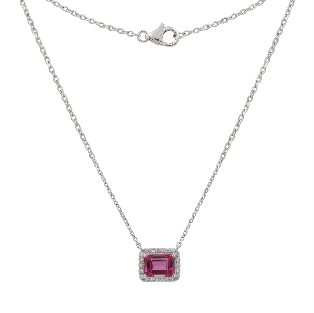 Emerald Cut Pink Sapphire & Diamond Necklace in 14K White Gold